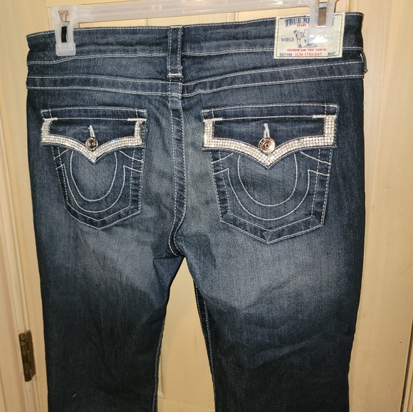 Misses sz 30 True Religion Jeans Crystal mesh pockets Slim Straight Stretch LN - Picture 2 of 10